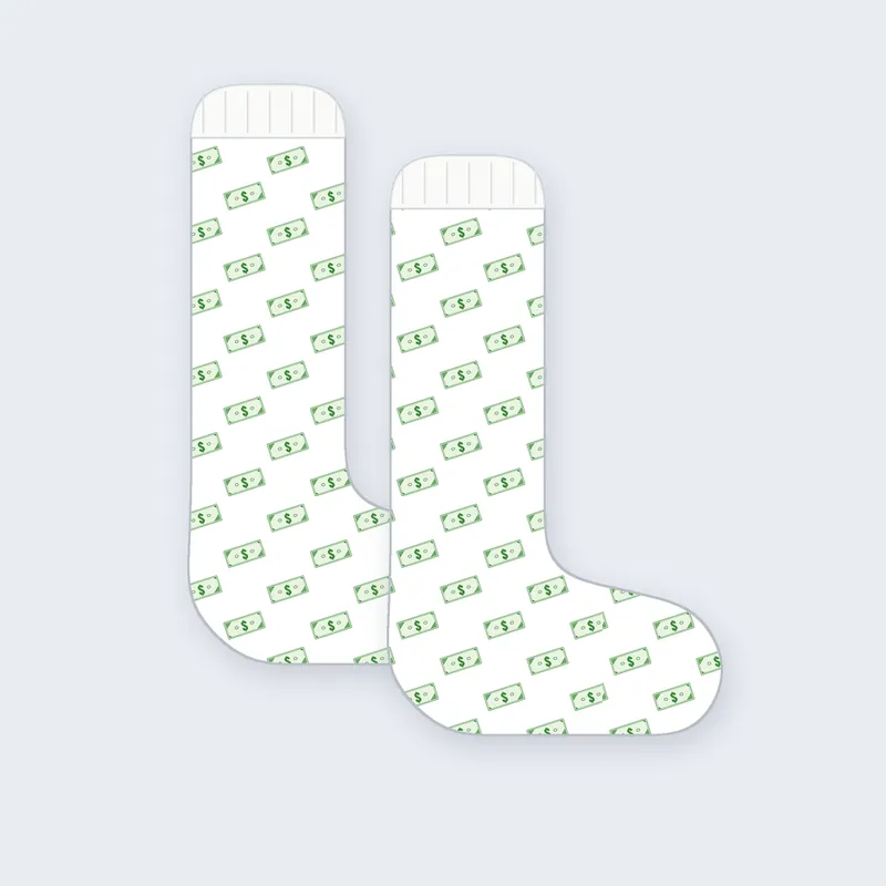 Design preview of a pair of white crew socks covered in green dollar bills.