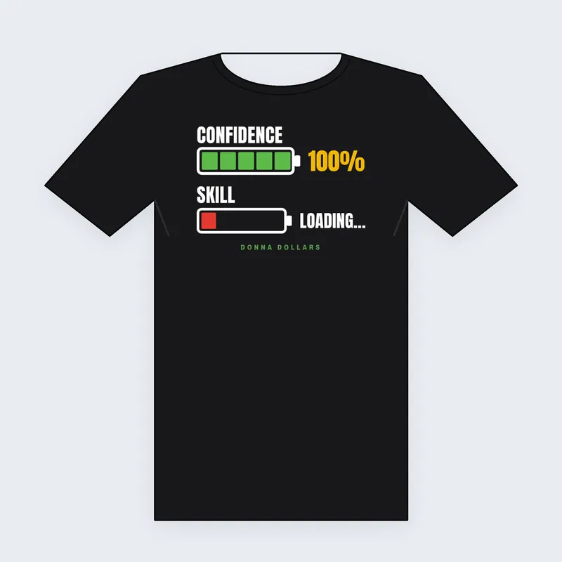 Design preview of a black tee with two battery bars: confidence 100%, skill loading.