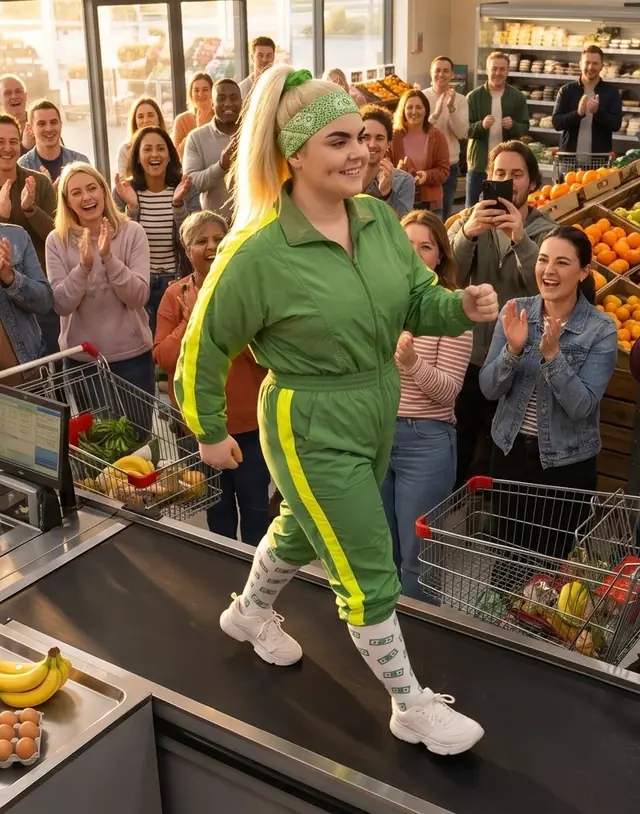 Donna Dollars in a green tracksuit power-walking across a supermarket checkout belt, surrounded by a cheering crowd.